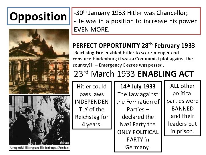 Opposition -30 th January 1933 Hitler was Chancellor; -He was in a position to Opposition -30 th January 1933 Hitler was Chancellor; -He was in a position to