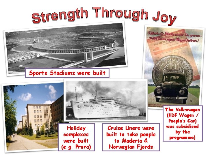 Sports Stadiums were built Holiday complexes were built (e. g. Prora) Cruise Liners were Sports Stadiums were built Holiday complexes were built (e. g. Prora) Cruise Liners were