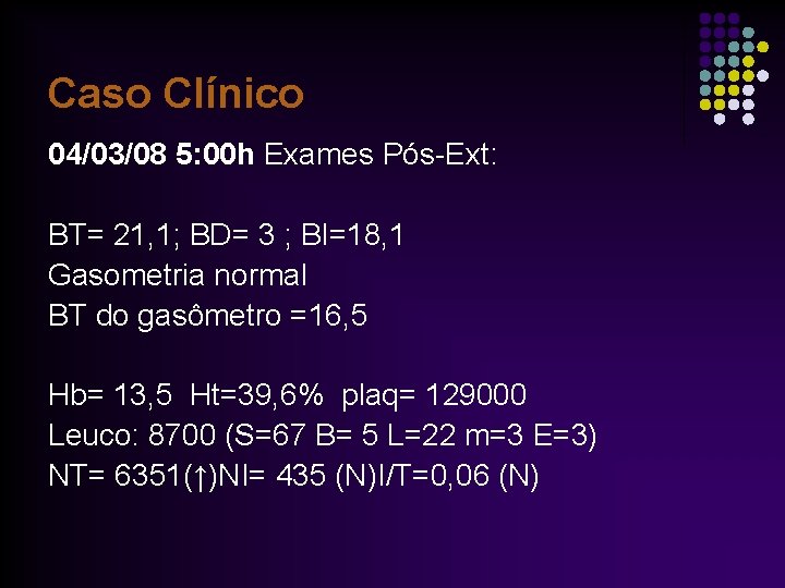 Caso Clínico 04/03/08 5: 00 h Exames Pós-Ext: BT= 21, 1; BD= 3 ;