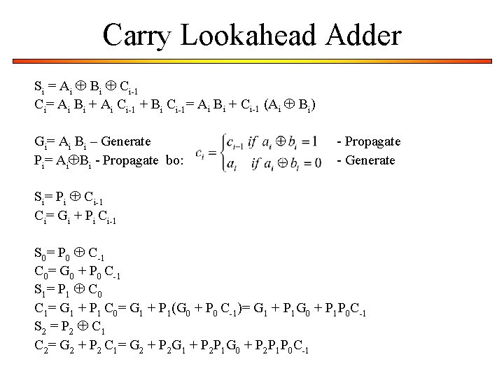 Carry Lookahead Adder Si = Ai Bi Ci-1 Ci= Ai Bi + Ai Ci-1 Carry Lookahead Adder Si = Ai Bi Ci-1 Ci= Ai Bi + Ai Ci-1