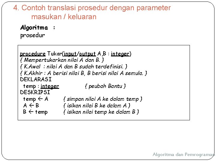 4. Contoh translasi prosedur dengan parameter masukan / keluaran Algoritma : prosedur procedure Tukar(input/output 4. Contoh translasi prosedur dengan parameter masukan / keluaran Algoritma : prosedur procedure Tukar(input/output