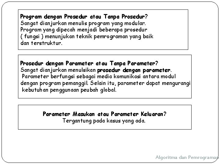 Program dengan Prosedur atau Tanpa Prosedur? Sangat dianjurkan menulis program yang modular. Program yang Program dengan Prosedur atau Tanpa Prosedur? Sangat dianjurkan menulis program yang modular. Program yang