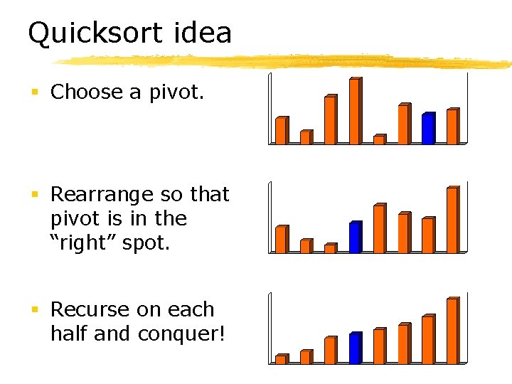 Quicksort idea § Choose a pivot. § Rearrange so that pivot is in the