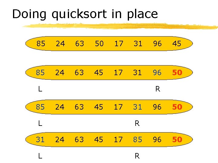 Doing quicksort in place 85 24 63 50 17 31 96 45 85 24