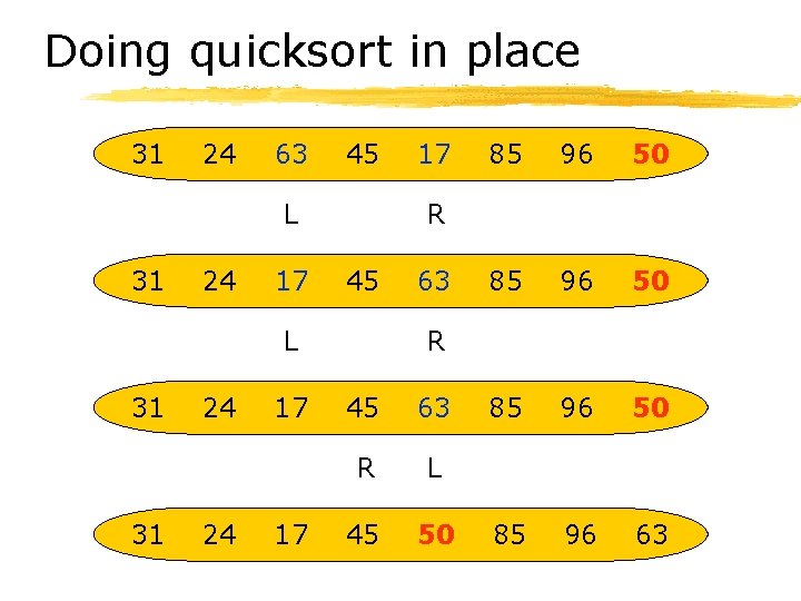 Doing quicksort in place 31 24 63 45 L 31 24 17 31 24 Doing quicksort in place 31 24 63 45 L 31 24 17 31 24