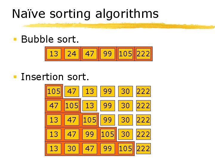 Naïve sorting algorithms § Bubble sort. 24 13 13 47 24 47 13 99