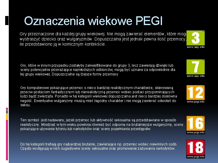 Oznaczenia wiekowe PEGI Gry przeznaczone dla każdej grupy wiekowej. Nie mogą zawierać elementów, które