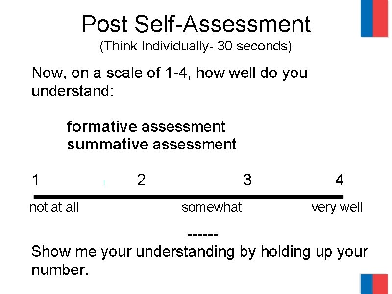 Post Self-Assessment (Think Individually- 30 seconds) Now, on a scale of 1 -4, how