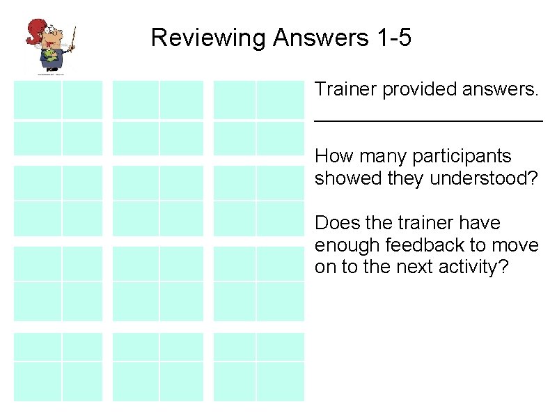 Reviewing Answers 1 -5 Trainer provided answers. ___________ How many participants showed they understood?