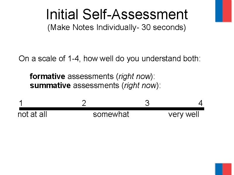 Initial Self-Assessment (Make Notes Individually- 30 seconds) On a scale of 1 -4, how