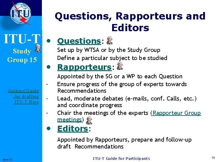 ITU-T Study Group 15 Questions, Rapporteurs and Editors • Questions: Set up by WTSA
