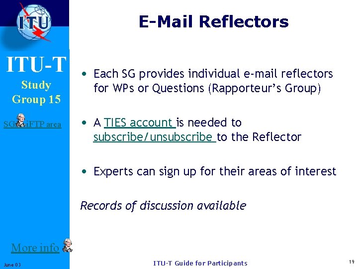 E-Mail Reflectors ITU-T Study Group 15 SGxx i. FTP area • Each SG provides