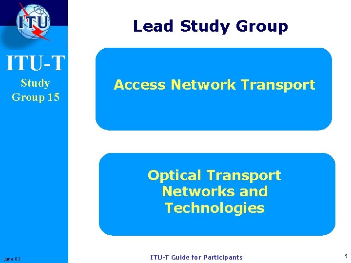 Lead Study Group ITU-T Study Group 15 Access Network Transport Optical Transport Networks and