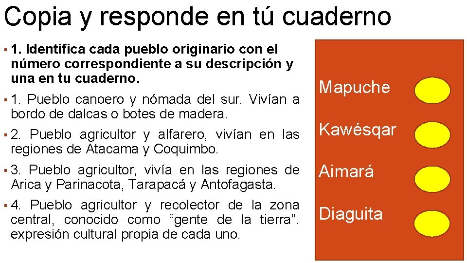 Copia y responde en tú cuaderno ▪ 1. Identifica cada pueblo originario con el