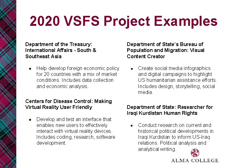 2020 VSFS Project Examples Department of the Treasury: International Affairs - South & Southeast