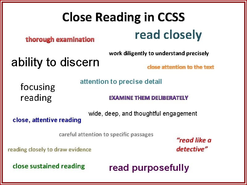 Close Reading in CCSS read closely thorough examination ability to discern focusing reading work