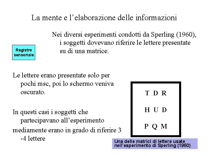 La mente e l’elaborazione delle informazioni Registro sensoriale Nei diversi esperimenti condotti da Sperling