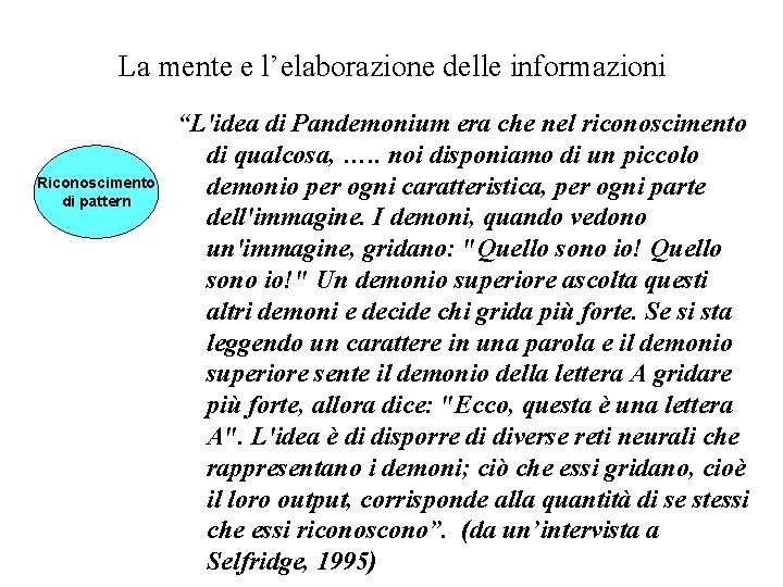 La mente e l’elaborazione delle informazioni Riconoscimento di pattern “L'idea di Pandemonium era che