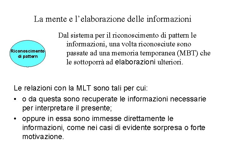La mente e l’elaborazione delle informazioni Riconoscimento di pattern Dal sistema per il riconoscimento