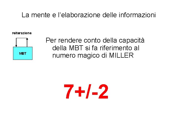 La mente e l’elaborazione delle informazioni reiterazione MBT Per rendere conto della capacità della