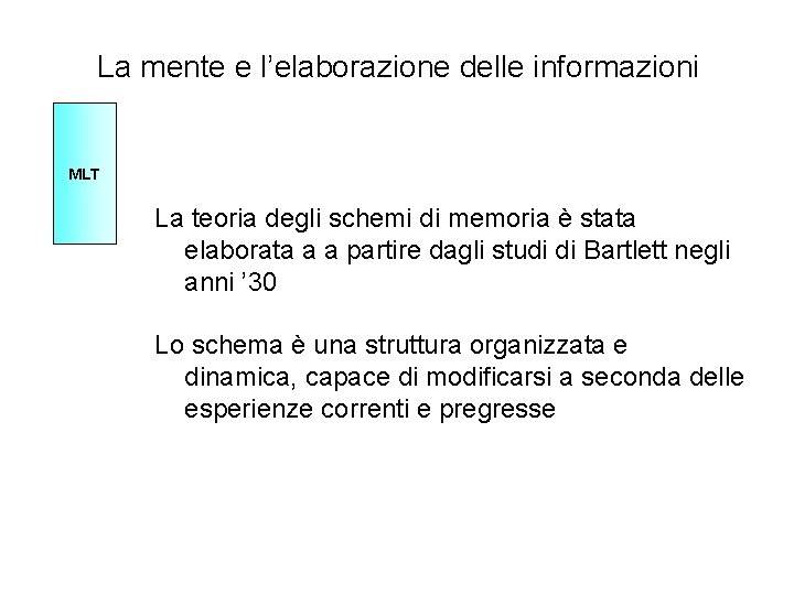 La mente e l’elaborazione delle informazioni MLT La teoria degli schemi di memoria è
