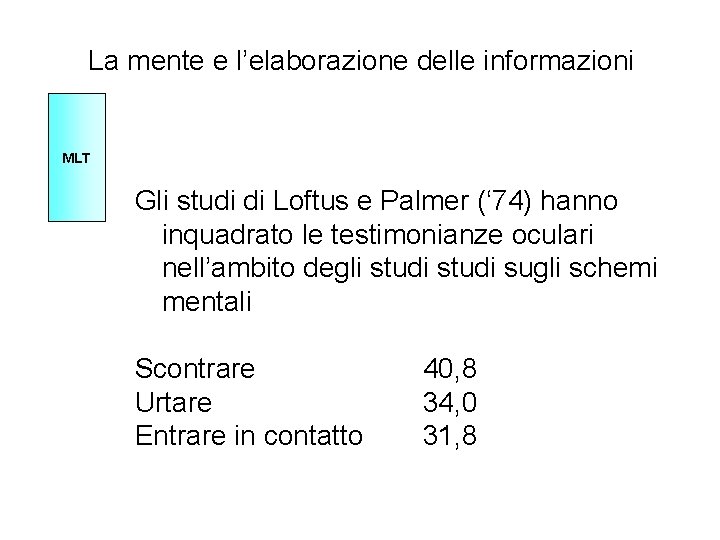 La mente e l’elaborazione delle informazioni MLT Gli studi di Loftus e Palmer (‘
