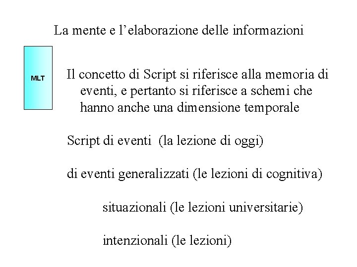 La mente e l’elaborazione delle informazioni MLT Il concetto di Script si riferisce alla