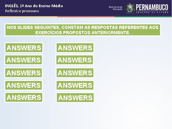 INGLÊS, 1º Ano do Ensino Médio Reflexive pronouns NOS SLIDES SEGUINTES, CONSTAM AS RESPOSTAS