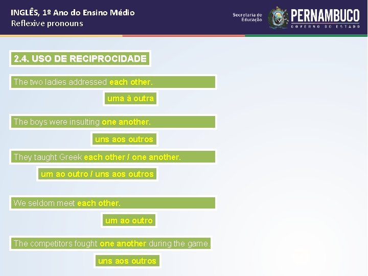 INGLÊS, 1º Ano do Ensino Médio Reflexive pronouns 2. 4. USO DE RECIPROCIDADE The