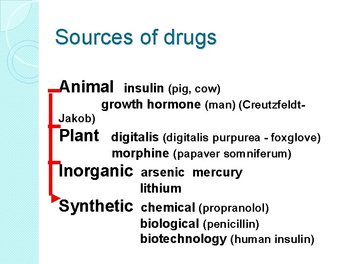 Sources of drugs Animal insulin (pig, cow) growth hormone (man) (Creutzfeldt- Jakob) Plant digitalis