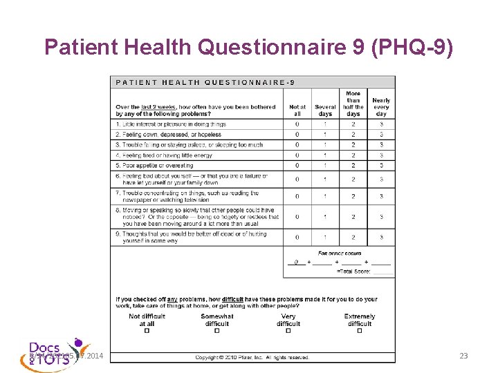 Patient Health Questionnaire 9 (PHQ-9) 5/24/202105. 07. 2014 www. docsfortots. org 23 