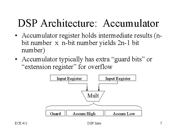 DSP Architecture: Accumulator • Accumulator register holds intermediate results (nbit number x n-bit number