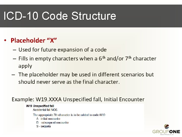 ICD-10 Code Structure • Placeholder “X” – Used for future expansion of a code