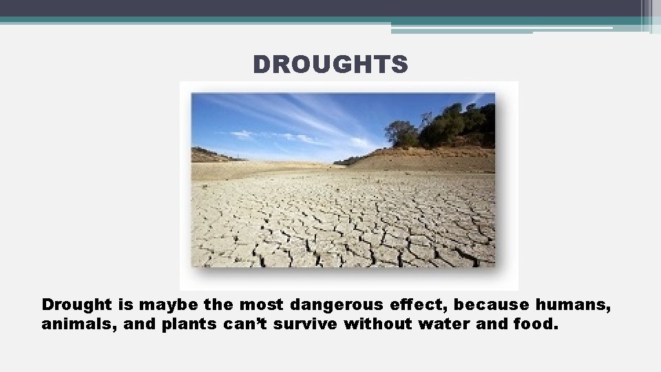 DROUGHTS Drought is maybe the most dangerous effect, because humans, animals, and plants can’t