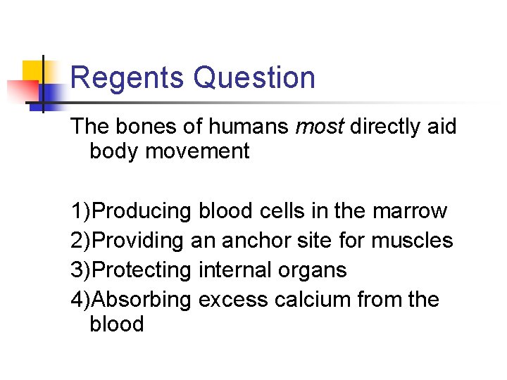 Regents Question The bones of humans most directly aid body movement 1)Producing blood cells Regents Question The bones of humans most directly aid body movement 1)Producing blood cells