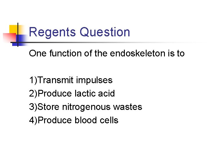 Regents Question One function of the endoskeleton is to 1)Transmit impulses 2)Produce lactic acid Regents Question One function of the endoskeleton is to 1)Transmit impulses 2)Produce lactic acid