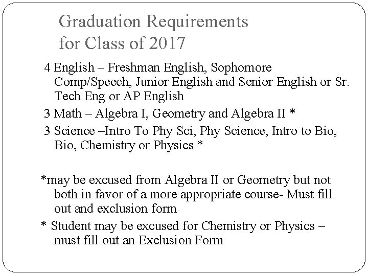 Graduation Requirements for Class of 2017 4 English – Freshman English, Sophomore Comp/Speech, Junior