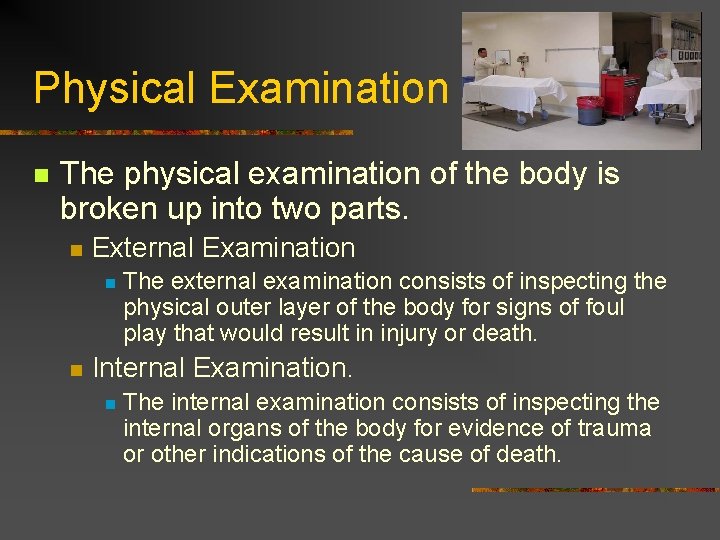 Physical Examination n The physical examination of the body is broken up into two
