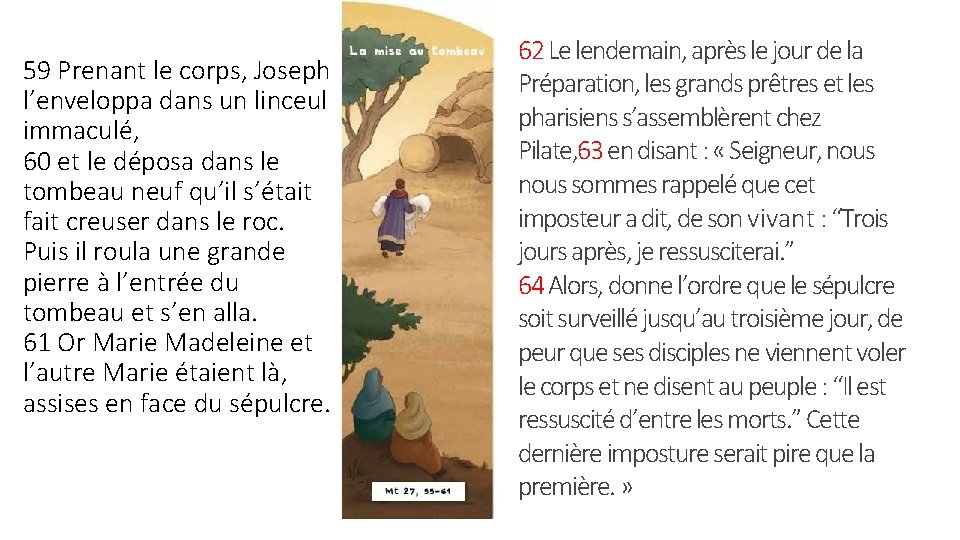 59 Prenant le corps, Joseph l’enveloppa dans un linceul immaculé, 60 et le déposa