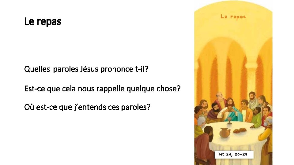 Le repas Quelles paroles Jésus prononce t-il? Est-ce que cela nous rappelle quelque chose?