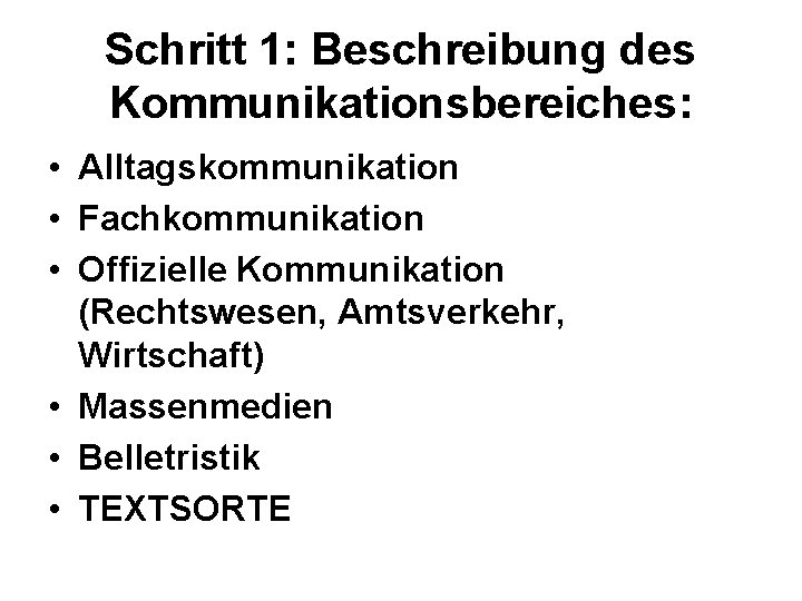 Schritt 1: Beschreibung des Kommunikationsbereiches: • Alltagskommunikation • Fachkommunikation • Offizielle Kommunikation (Rechtswesen, Amtsverkehr,