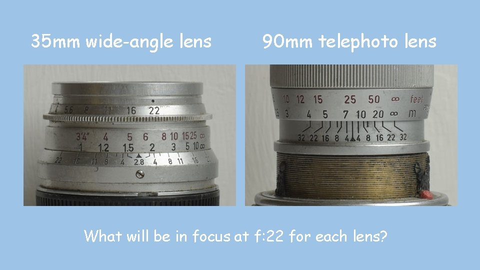 35 mm wide-angle lens 90 mm telephoto lens What will be in focus at