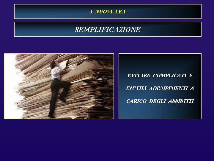 I NUOVI LEA SEMPLIFICAZIONE EVITARE COMPLICATI E INUTILI ADEMPIMENTI A CARICO DEGLI ASSISTITI 