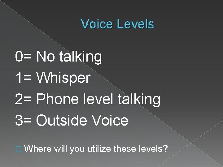 Voice Levels 0= No talking 1= Whisper 2= Phone level talking 3= Outside Voice