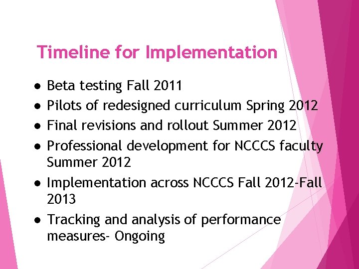 Timeline for Implementation l l l Beta testing Fall 2011 Pilots of redesigned curriculum