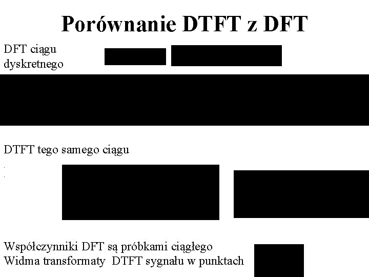Porównanie DTFT z DFT ciągu dyskretnego DTFT tego samego ciągu. . Współczynniki DFT są Porównanie DTFT z DFT ciągu dyskretnego DTFT tego samego ciągu. . Współczynniki DFT są