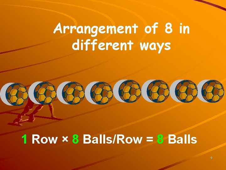 Arrangement of 8 in different ways 1 Row × 8 Balls/Row = 8 Balls
