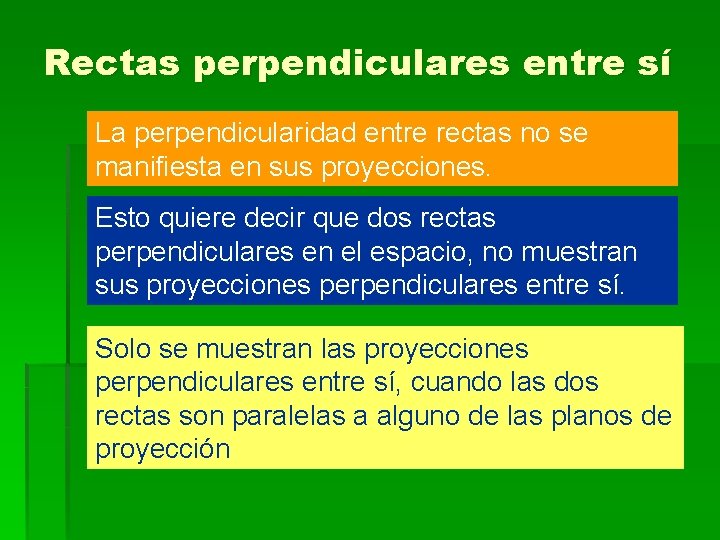 Rectas perpendiculares entre sí La perpendicularidad entre rectas no se manifiesta en sus proyecciones.