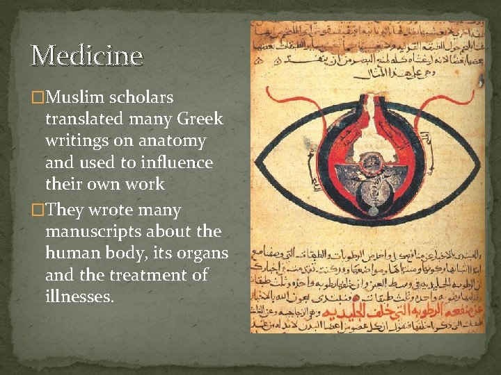 Medicine �Muslim scholars translated many Greek writings on anatomy and used to influence their