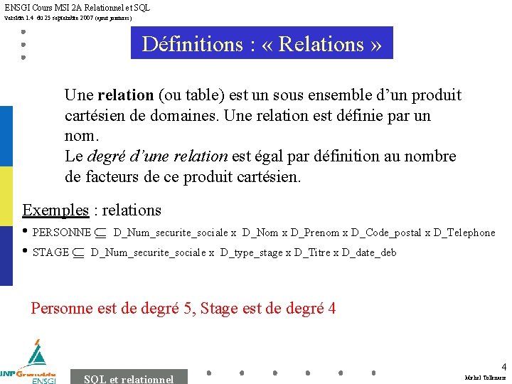 ENSGI Cours MSI 2 A Relationnel et SQL version 1. 4 du 25 septembre